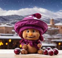 AI generated Cute teddy bear in a hat, scarf and mittens with plums on the background of the old city. photo