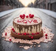 AI generated Chocolate love cake with red hearts and snowflakes on a black background photo