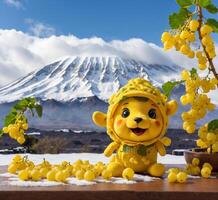 ai generado amarillo grosella mascota personaje y monte. fuji en antecedentes foto