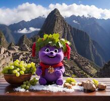 AI generated Funny bear made of grapes and nuts on a wooden table against the background of the mountains photo