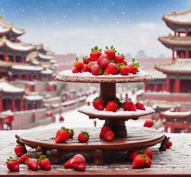 AI generated Strawberries in the snow on the background of the Forbidden City photo