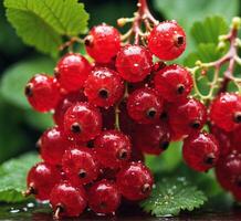 AI generated Red currant with water drops on a green background close-up photo