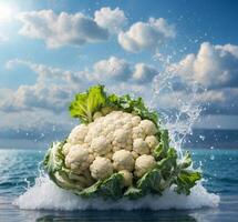 AI generated Cauliflower in water splash on blue sky background. Healthy food concept photo