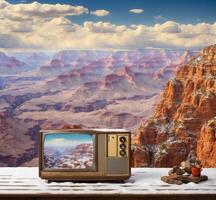 ai generado Clásico televisión en mesa con ver de grandioso cañón nacional parque, Arizona, Estados Unidos foto