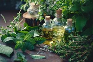 AI generated vials of essential oil and herbs on a white background. The concept of health photo