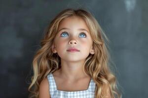 AI generated Portrait of a cute little girl with long blonde hair on a light background. photo