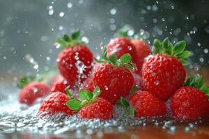 AI generated Juicy fresh strawberries fall into clear water on a dark background photo