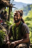 ai generado retrato de un alegre viajero en contra el antecedentes de naturaleza foto