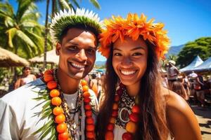 ai generado retrato de un contento hombre y mujer en nacional disfraces en vacaciones en contra el antecedentes de naturaleza. Polinesia foto