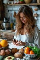 AI generated Nutritionist girl makes notes in a notebook about healthy eating with a bunch of vegetables and fruits on the table photo