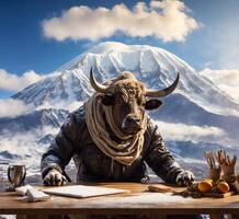 AI generated Cow mascot character sitting at a table in front of Mt. Fuji, Japan photo