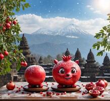 AI generated Pomegranate mascot character and Pomegranate on the background of Mount Fuji photo