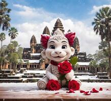 ai generado estatua con rojo rosas en frente de angkor qué, Camboya foto