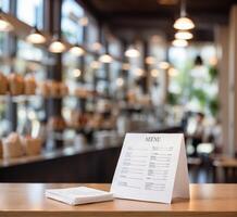 ai generado restaurante menú en de madera mesa en frente de borroso café antecedentes foto