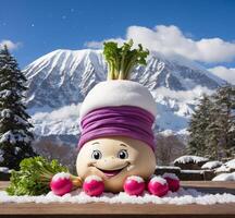 AI generated Funny doll with fresh radish in the snow and mountains background photo