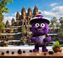 AI generated Blackberry Mascot character in front of Angkor Wat, Siem Reap, Cambodia photo