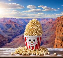 AI generated Popcorn bucket with funny face on the background of Grand Canyon photo