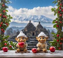 AI generated Couple of monkey and apple on wooden table with snow mountain background photo