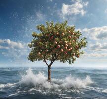 ai generado manzana árbol en el mar con agua chapoteo foto