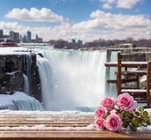 ai generado de madera mesa con rosas en antecedentes de Niágara caídas en invierno. foto