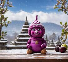 AI generated Plum mascot character with plums in the winter background photo