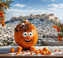 ai generado gracioso mandarinas mascota personaje en el antecedentes de el acrópolis, Atenas, Grecia foto