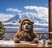 AI generated Brown bear in a warm coat and hat sits on the windowsill and looks at the view of Mount Fuji. photo