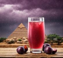 AI generated Plum juice in a glass on the background of the pyramids photo