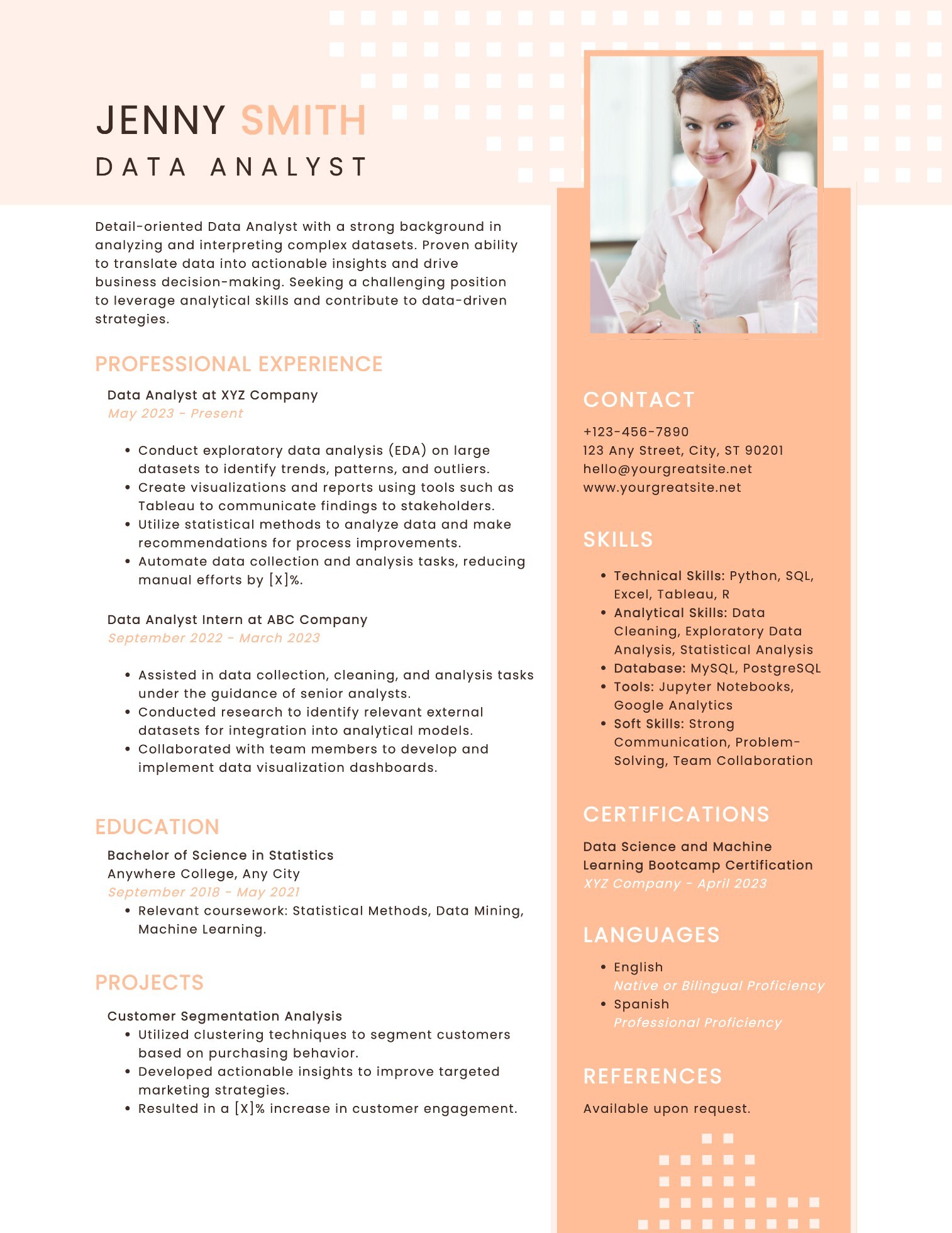 Minimalist Data Analyst ATS Resume Template with Peach Color Theme