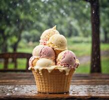 ai generado hielo crema cucharadas en gofre cono con lluvia gotas en de madera mesa foto