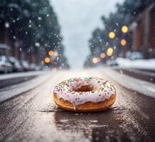 AI generated Donut on the road during a snowfall. Winter concept. photo
