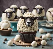 AI generated Cupcakes with sheep made of chocolate and marshmallows, square photo