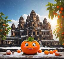 AI generated Prambanan temple with persimmon mascot in the snow. photo