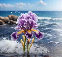 AI generated Beautiful iris flower on the background of the sea and waves photo