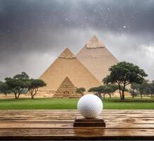 AI generated Golf ball on wooden table with giza pyramids in background photo