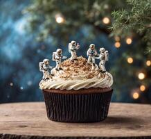 AI generated Cupcake with chocolate frosting and a team of astronauts on top photo