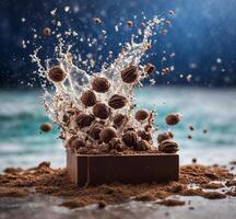 AI generated Chocolate with splashes and drops of water on a dark background photo