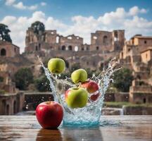 ai generado agua chapoteo y rojo manzanas en frente de romano foro, Roma, Italia foto