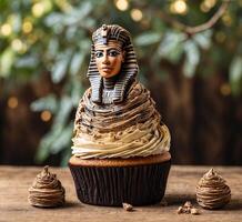 AI generated Cupcake with egyptian god pharaoh on wooden table photo