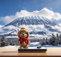 ai generado linda osito de peluche oso con móvil en de madera mesa con monte. fuji en el antecedentes foto