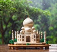AI generated Miniature of Taj Mahal with raindrops on wooden table. photo