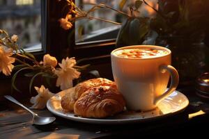 ai generado un Mañana taza de latté café es en el mesa por el ventana foto