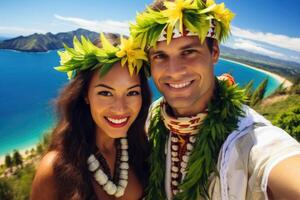 AI generated Portrait of a happy man and woman in national costumes on vacation against the background of nature. Polynesia photo