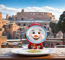 AI generated Plate mascot character on the background of Colosseum in Rome, Italy photo