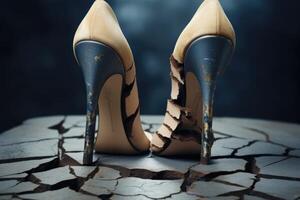 AI generated Women's shoes with cracked heels. A surreal view photo