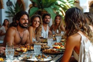 ai generado un grupo de amigos son sentado juntos a un festivo mesa fuera de y charlando bali foto