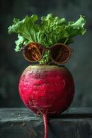 AI generated One red radish with glasses is lying on the table on a dark background photo