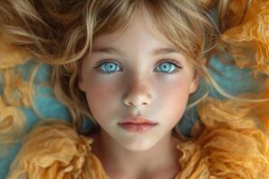 ai generado un de cerca retrato de un pequeño niña .ella es un bonito, dulce, atractivo, curioso, creativo, alegre niña foto