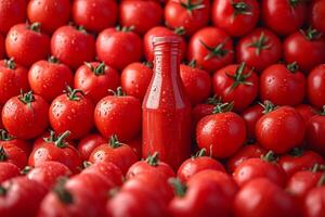 AI generated A bottle of ketchup on the background of a large number of red tomatoes photo