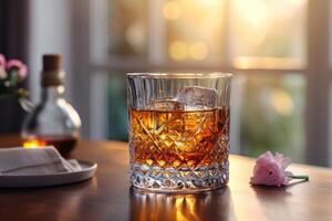 AI generated A glass of whiskey with ice on the table photo